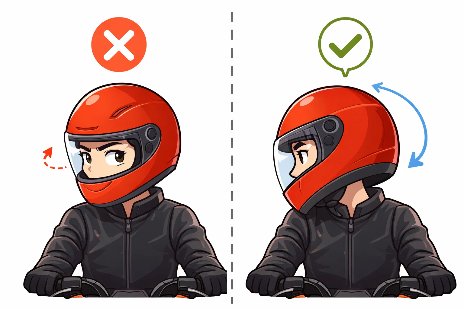 左側是錯誤示意（頭部直視前方，只有眼睛斜瞄），右側是正確示意（頭部明顯轉向側面，下巴幾乎觸及肩膀）